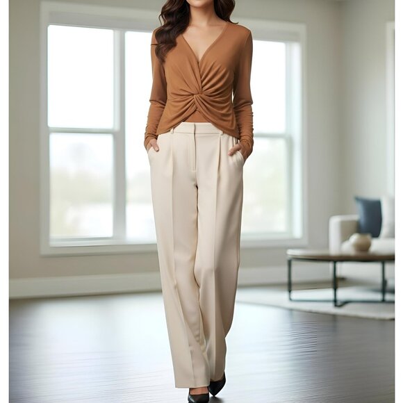 Calvin Klein Crepe V-Neck Long Sleeve Twist Front Blouse XL Luggage Camel NWT - Picture 3 of 16